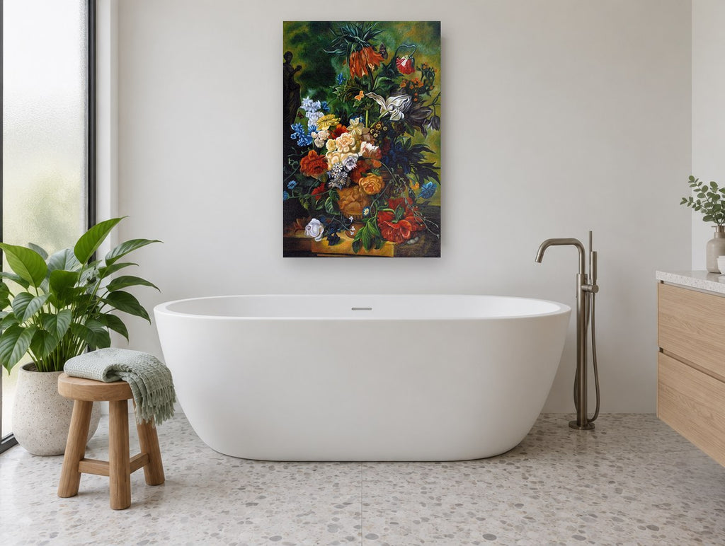 Urn of Garden Blooms floral canvas print on the wall of a bathroom