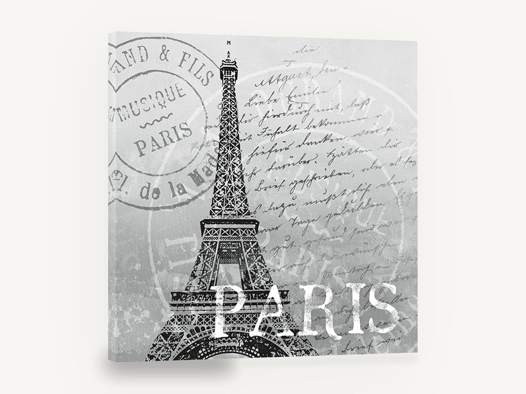 Paris Postmark Script, vintage eiffel tower paris postmark, stretched canvas wall art print ready to hang