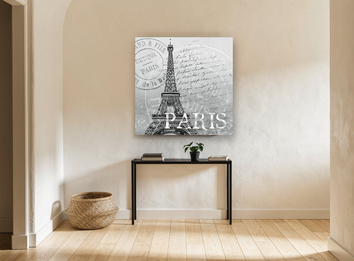 Paris Postmark Script vintage canvas print on the wall of a hallway