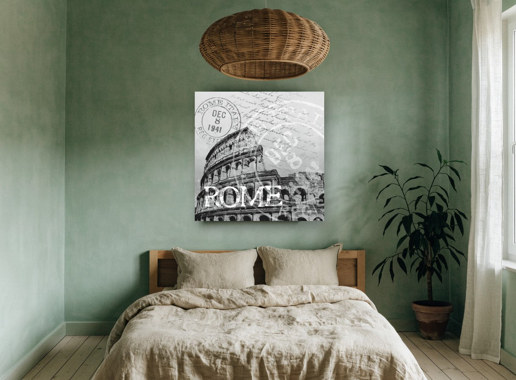 Rome Postmark Colosseum vintage canvas print on the wall of a bedroom