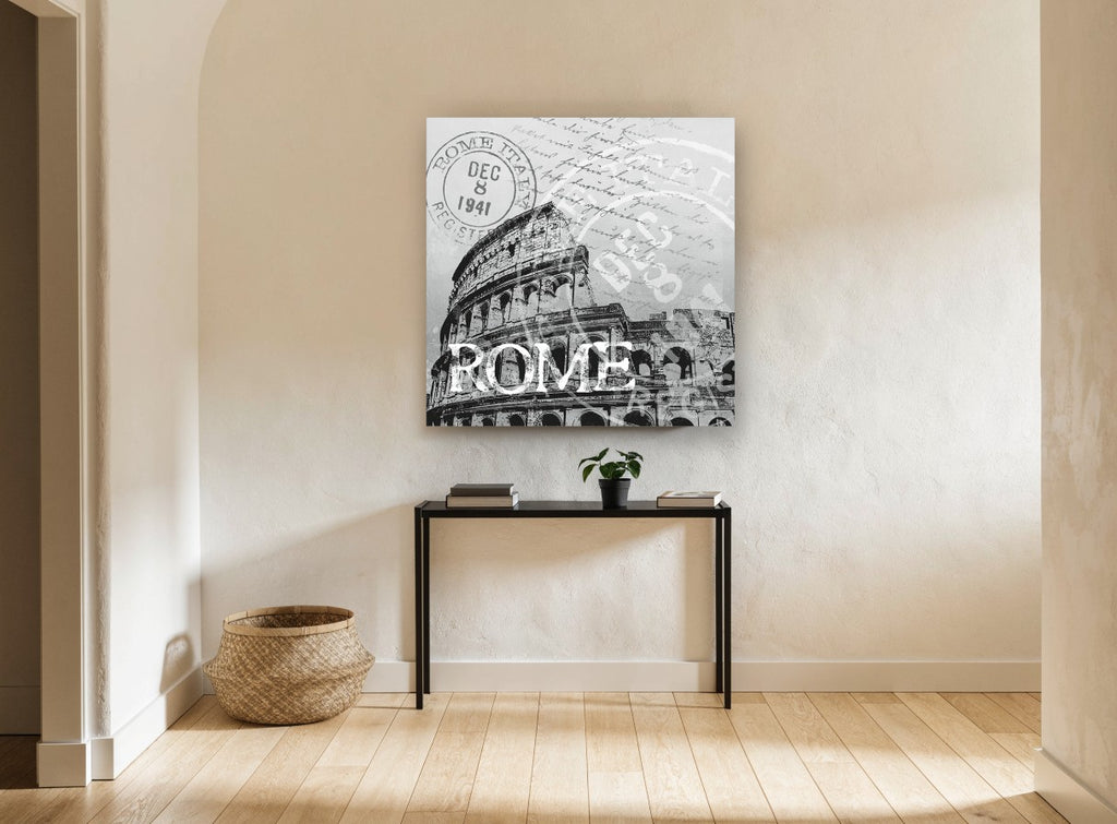 Rome Postmark Colosseum vintage canvas print on the wall of a hallway