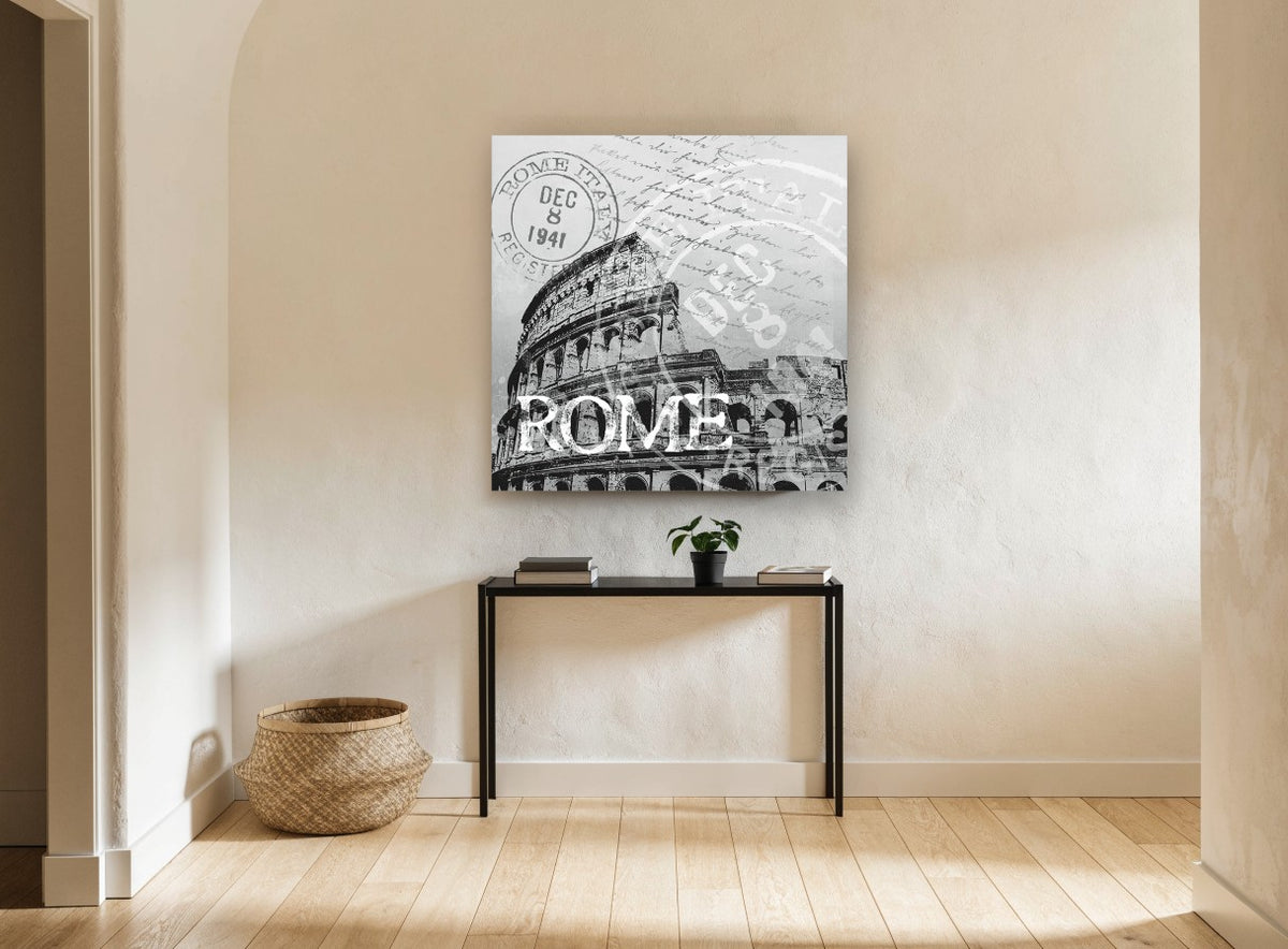 Rome Postmark Colosseum vintage canvas print on the wall of a hallway