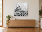 Rome Postmark Colosseum vintage canvas print on the wall of a living room above a sideboard