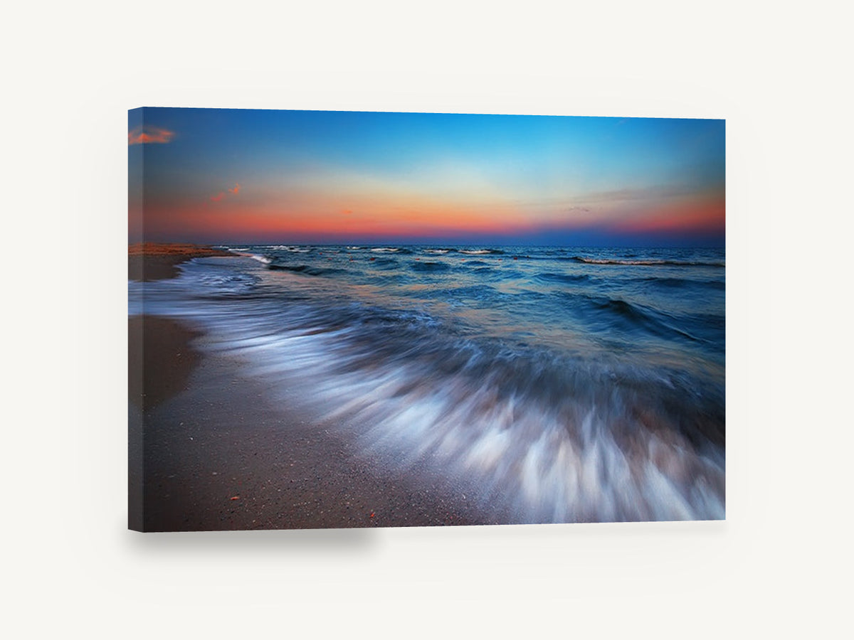 Dusk Surge, sunset beach wave long exposure photograph, coastal canvas wall art print ready to hang