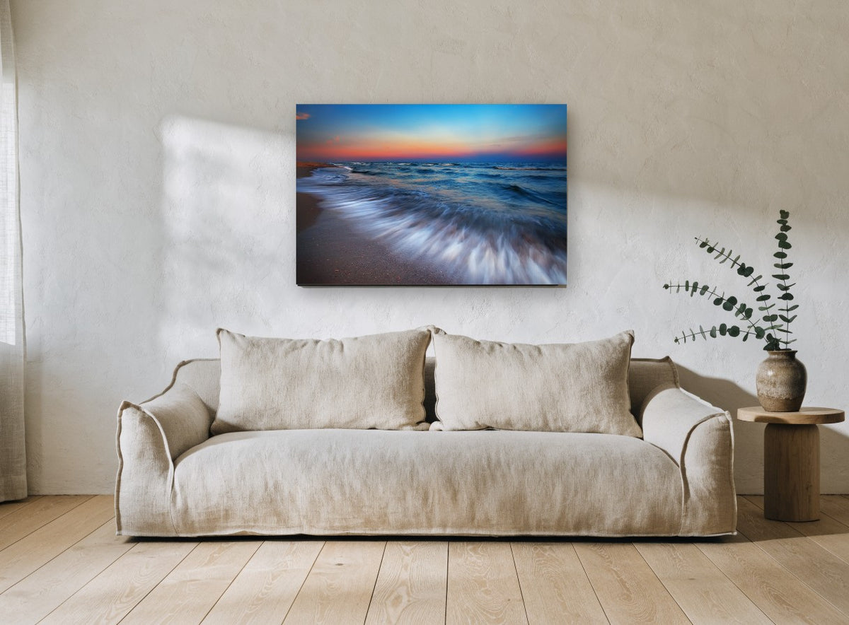 Dusk Surge coastal canvas print on the wall of a living room