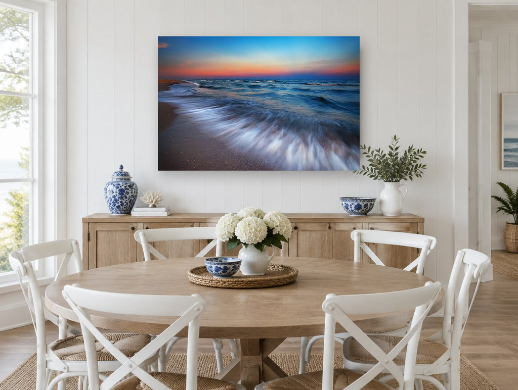 Dusk Surge coastal canvas print on the wall of a Hamptons dining room