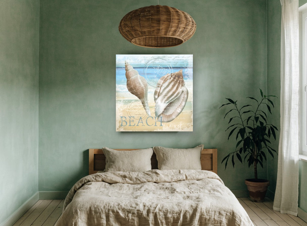 Newport Shells Beach coastal canvas print on the wall of a bedroom