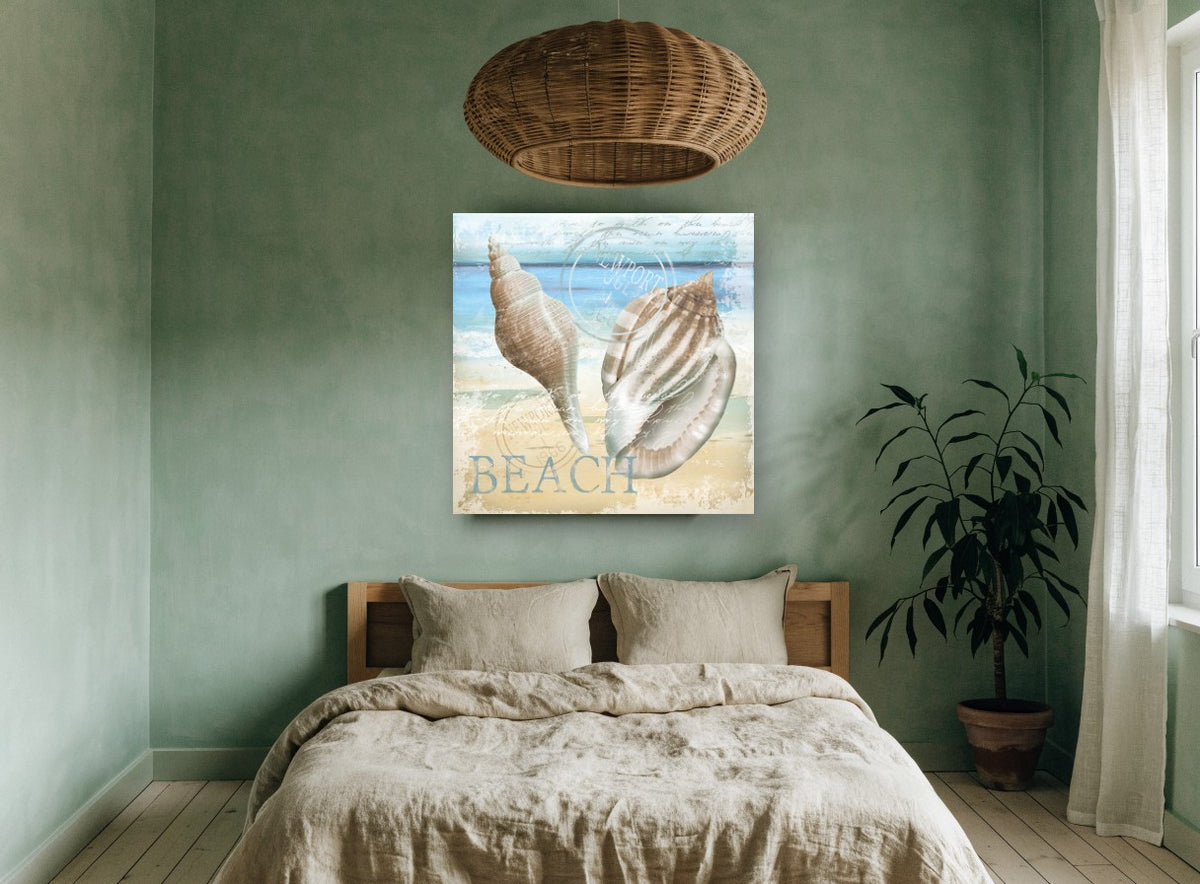 Newport Shells Beach coastal canvas print on the wall of a bedroom