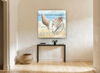 Newport Shells Beach coastal canvas print on the wall of a hallway