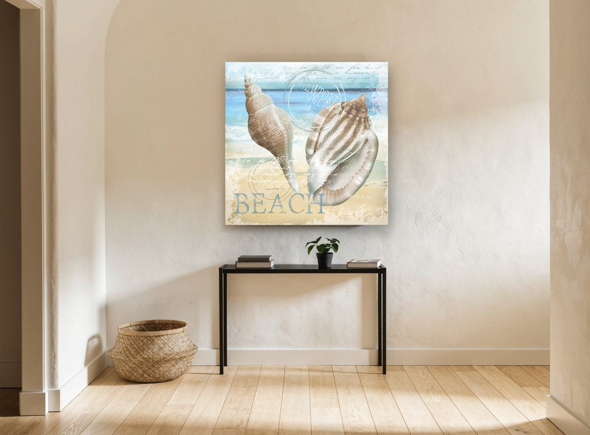 Newport Shells Beach coastal canvas print on the wall of a hallway