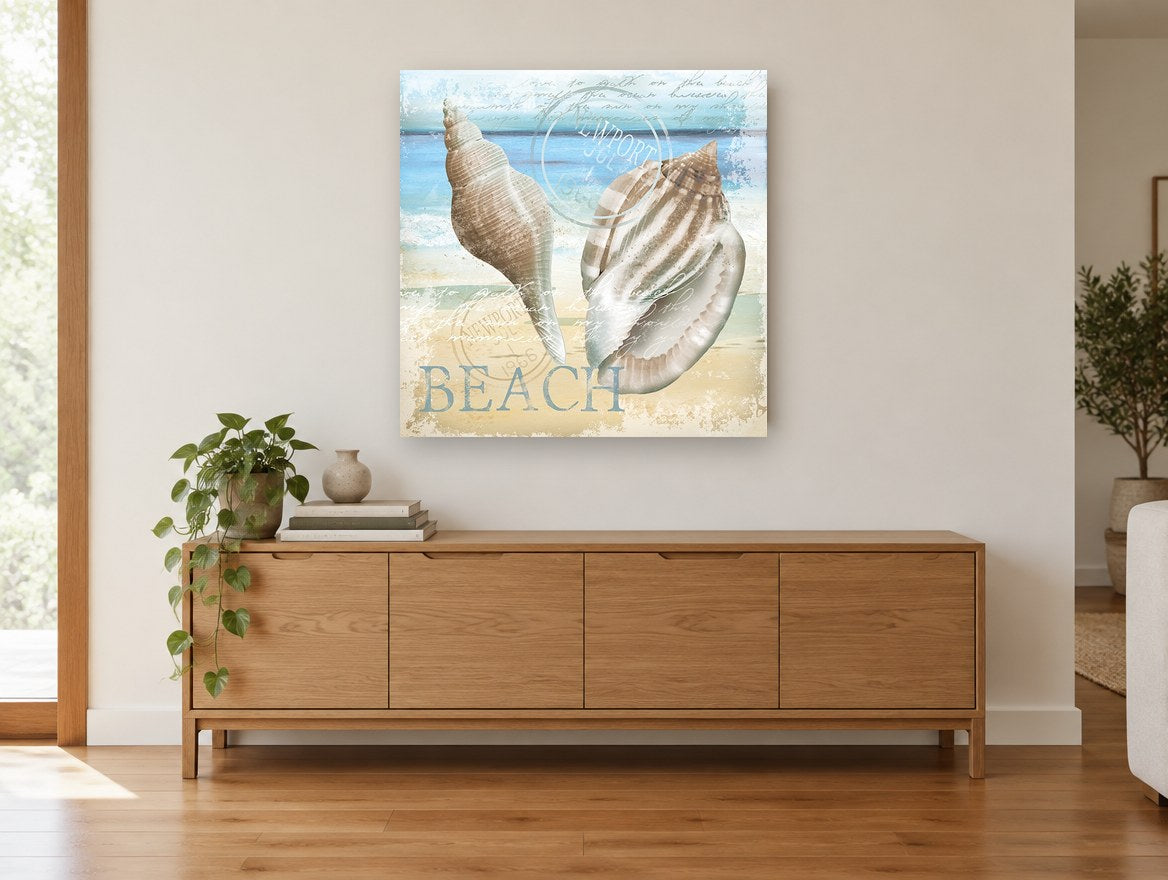 Newport Shells Beach coastal canvas print on the wall of a living room above a sideboard