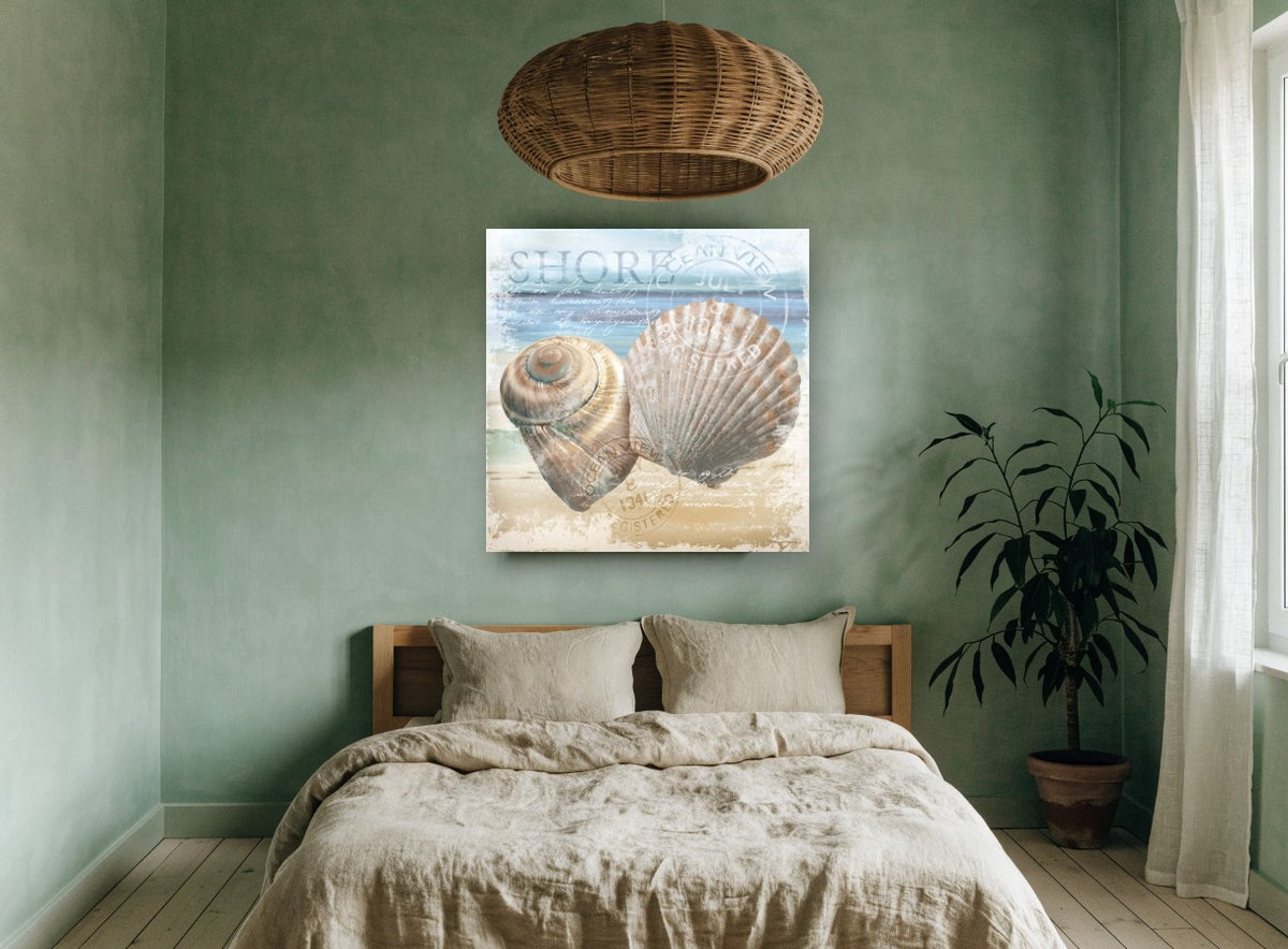 Shells on the Shore coastal canvas print on the wall of a bedroom