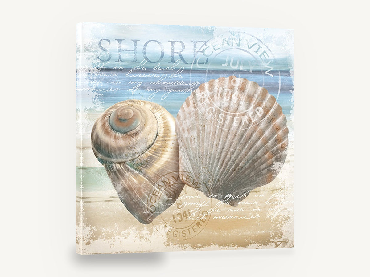 Shells on the Shore, seashells vintage coastal postcard, coastal canvas wall art print ready to hang