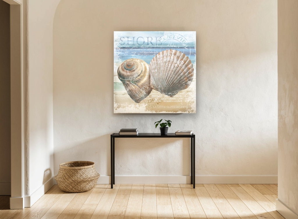 Shells on the Shore coastal canvas print on the wall of a hallway