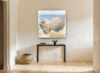 Shells on the Shore coastal canvas print on the wall of a hallway