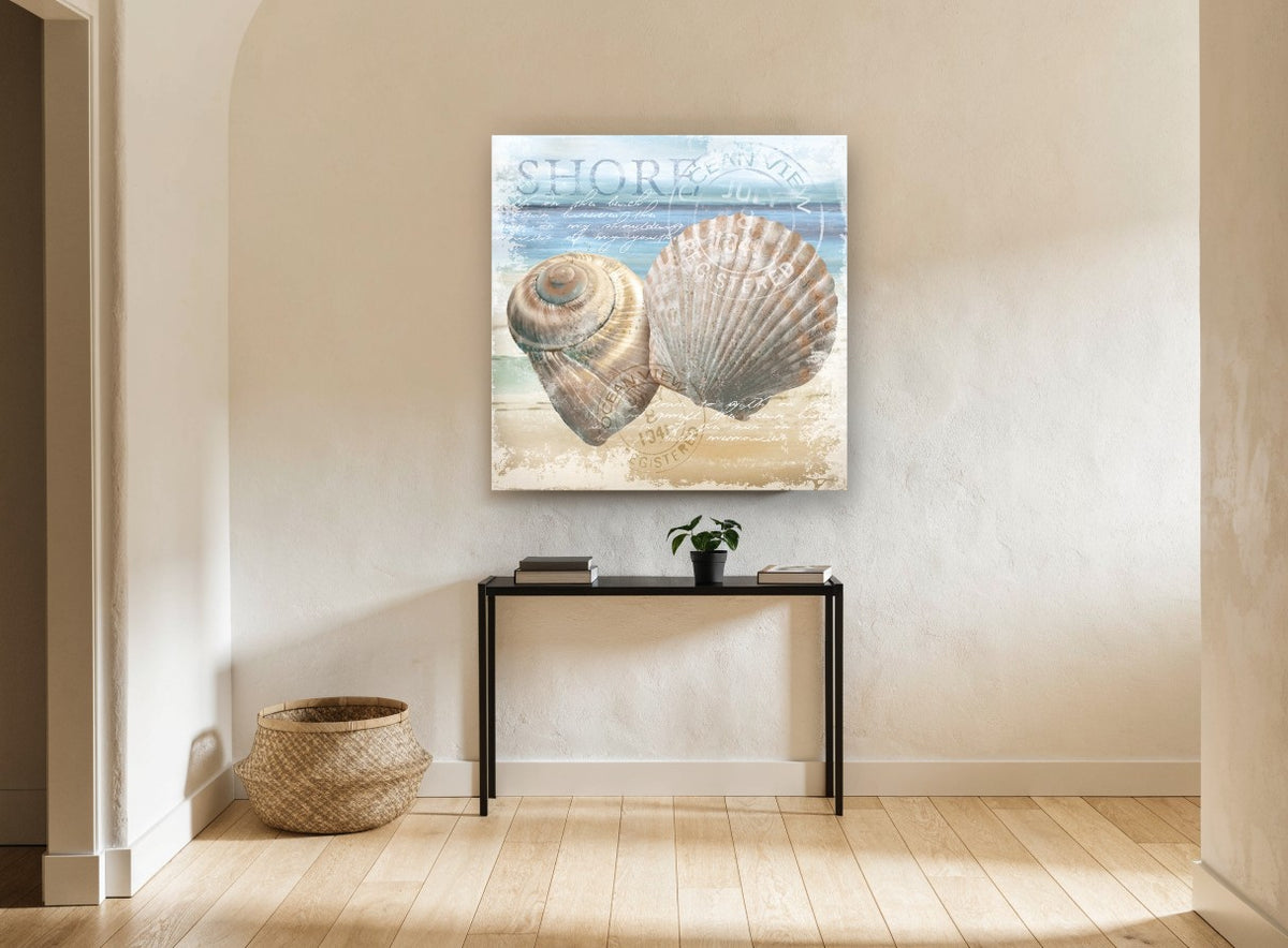 Shells on the Shore coastal canvas print on the wall of a hallway