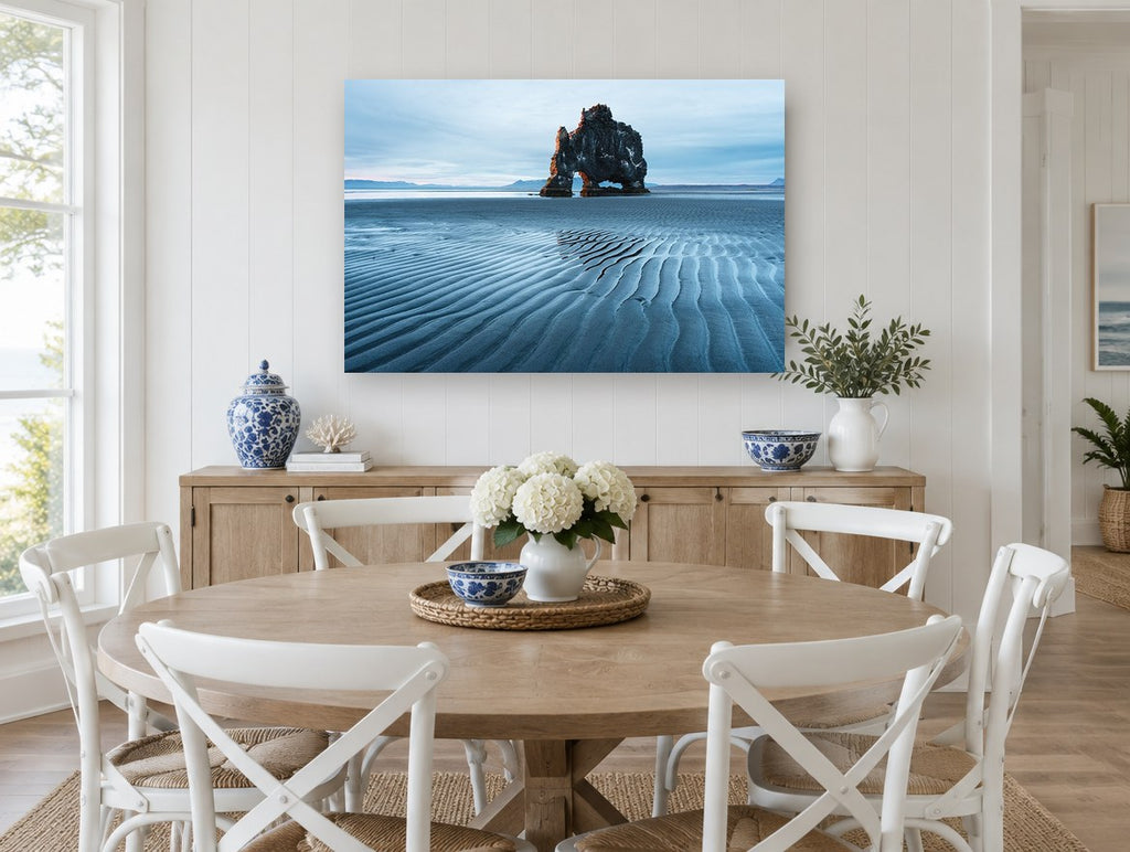 Arch at Low Tide coastal canvas print on the wall of a Hamptons dining room