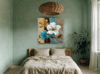 Teal and Ochre Blooms floral canvas print on the wall of a bedroom