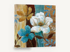 Teal and Ochre Blooms, teal white ochre flowers contemporary painting, floral canvas wall art print ready to hang
