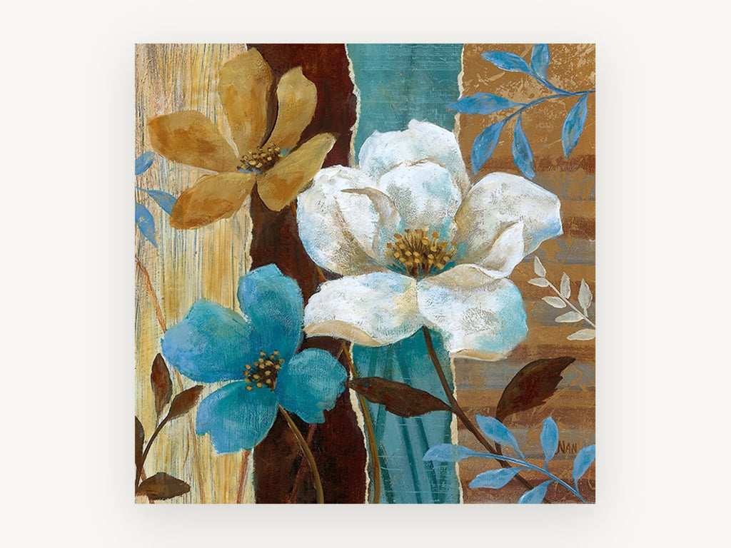 Teal and Ochre Blooms, floral canvas wall art print, front view