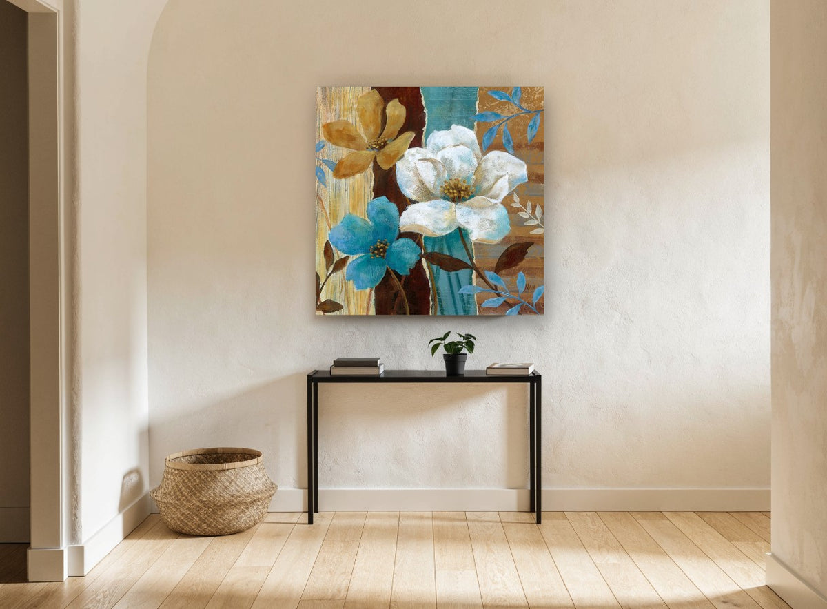 Teal and Ochre Blooms floral canvas print on the wall of a hallway
