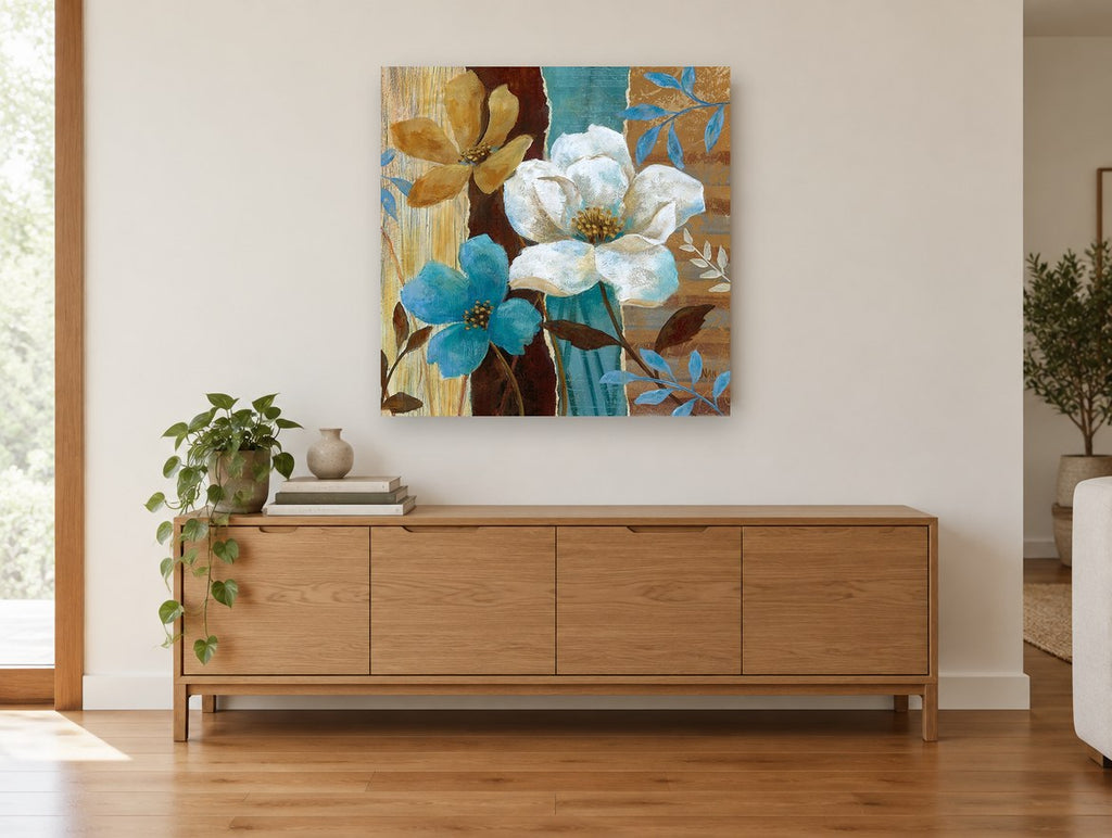 Teal and Ochre Blooms floral canvas print on the wall of a living room above a sideboard