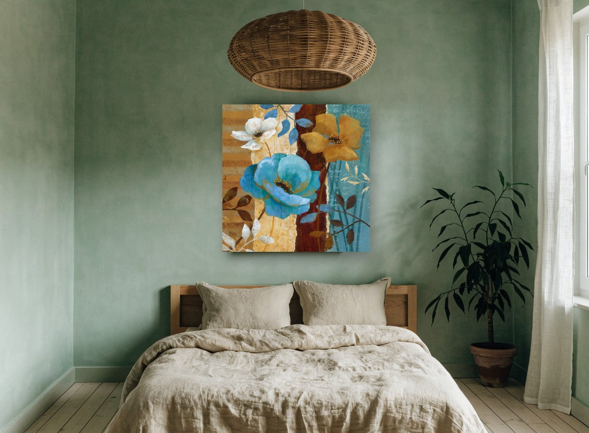 Teal and Gold Blooms floral canvas print on the wall of a bedroom