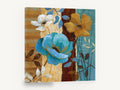 Teal and Gold Blooms, teal blue gold flowers collage style, floral canvas wall art print ready to hang