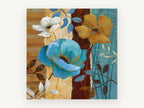 Teal and Gold Blooms, floral canvas wall art print, front view