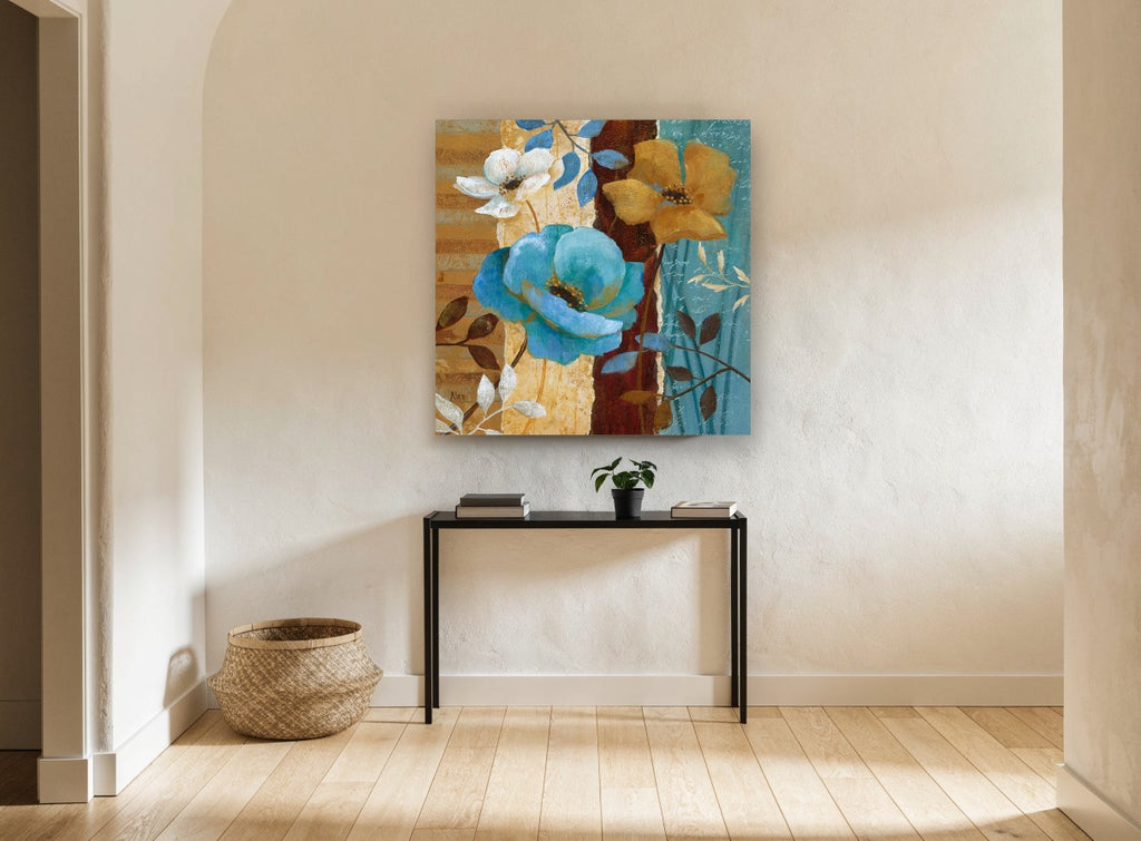 Teal and Gold Blooms floral canvas print on the wall of a hallway