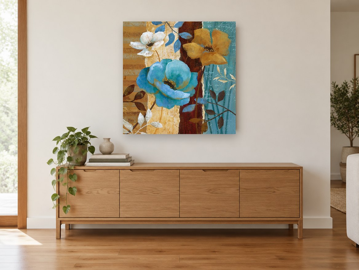 Teal and Gold Blooms floral canvas print on the wall of a living room above a sideboard