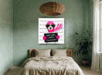 Pink Mugshot Pup animal canvas print on the wall of a bedroom