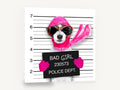Pink Mugshot Pup, funny dog mugshot photograph, animal canvas wall art print ready to hang