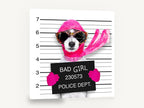 Pink Mugshot Pup, funny dog mugshot photograph, animal canvas wall art print ready to hang