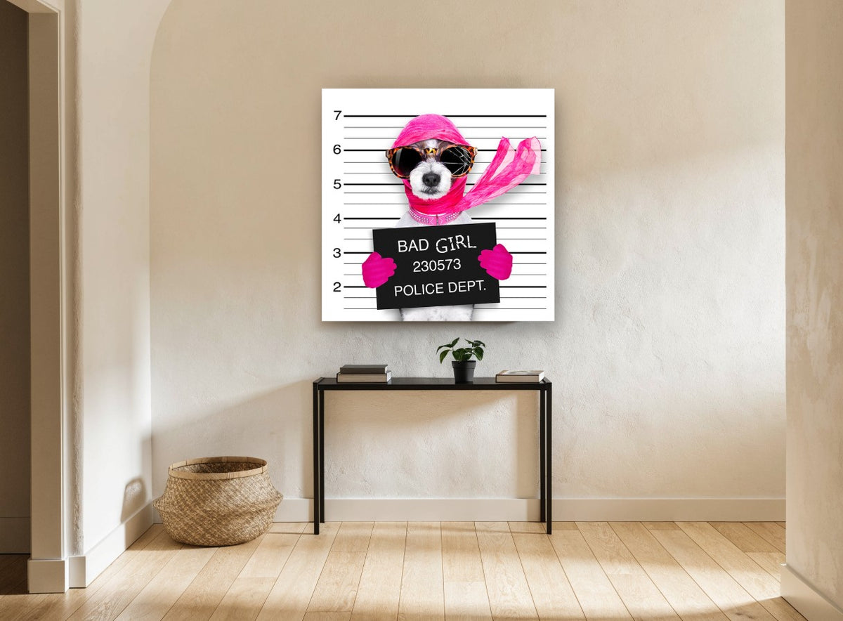 Pink Mugshot Pup animal canvas print on the wall of a hallway