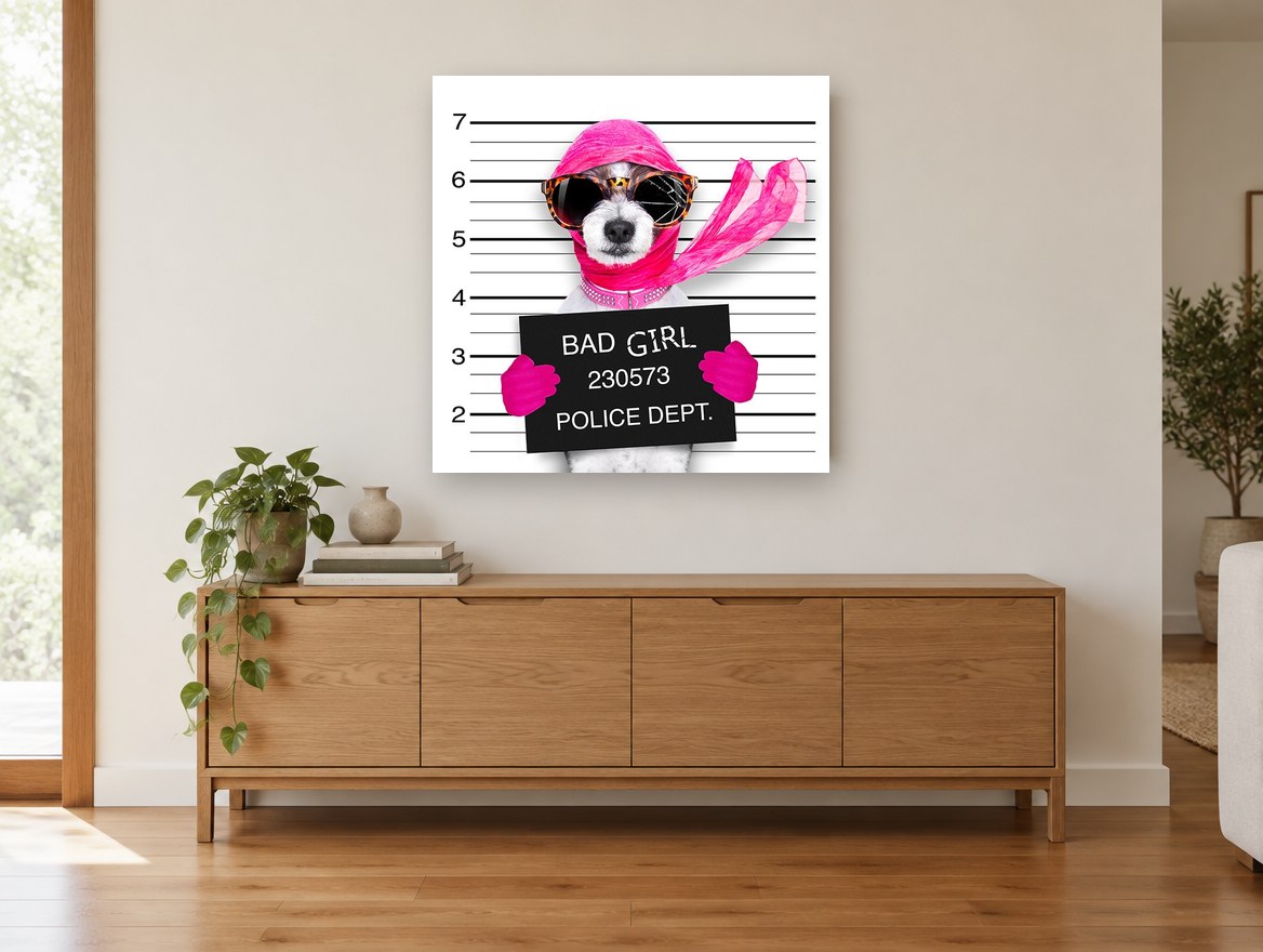 Pink Mugshot Pup animal canvas print on the wall of a living room above a sideboard