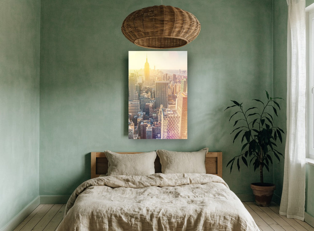 Golden Hour Manhattan city canvas print on the wall of a bedroom