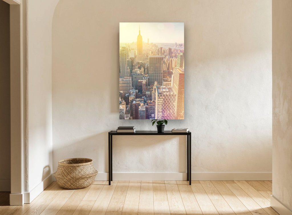 Golden Hour Manhattan city canvas print on the wall of a hallway