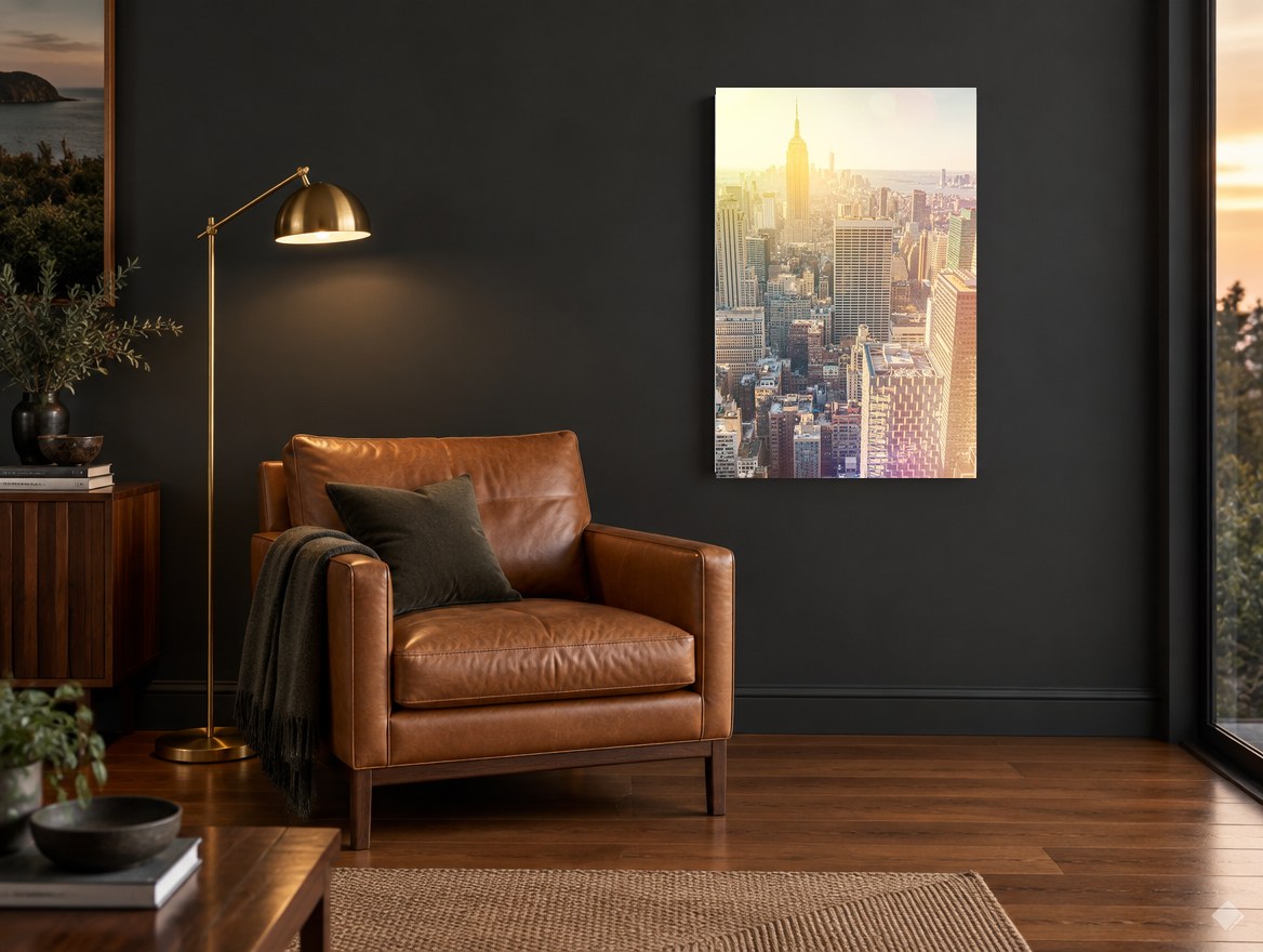 Golden Hour Manhattan city canvas print on the wall of a charcoal living room