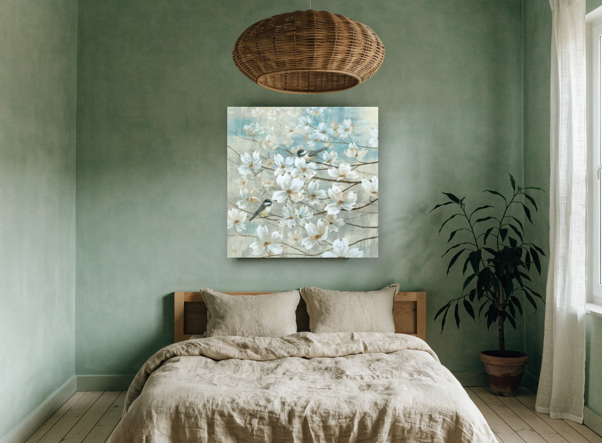 Chickadees Among Dogwood floral canvas print on the wall of a bedroom