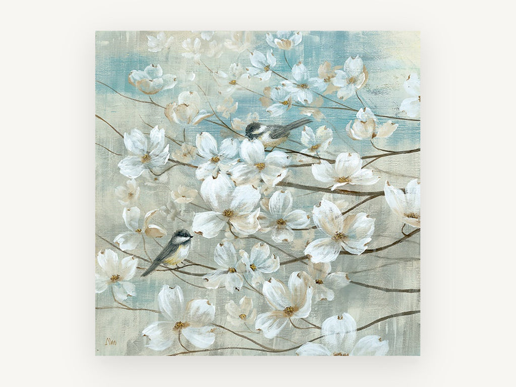Chickadees Among Dogwood, floral canvas wall art print, front view