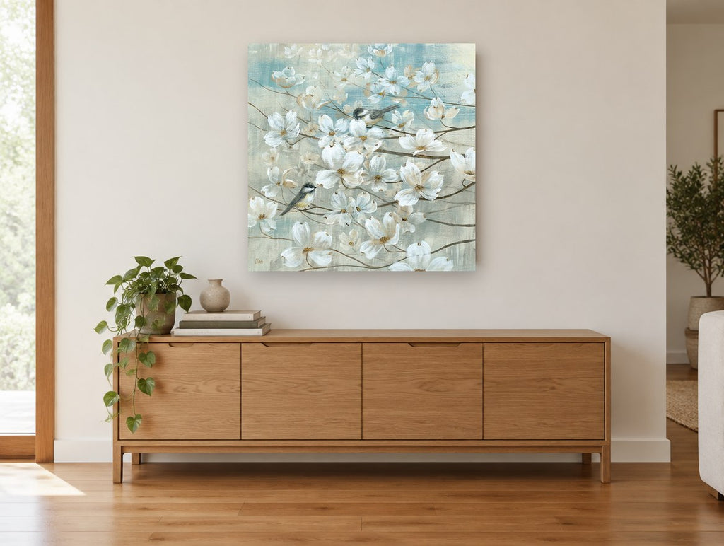 Chickadees Among Dogwood floral canvas print on the wall of a living room above a sideboard