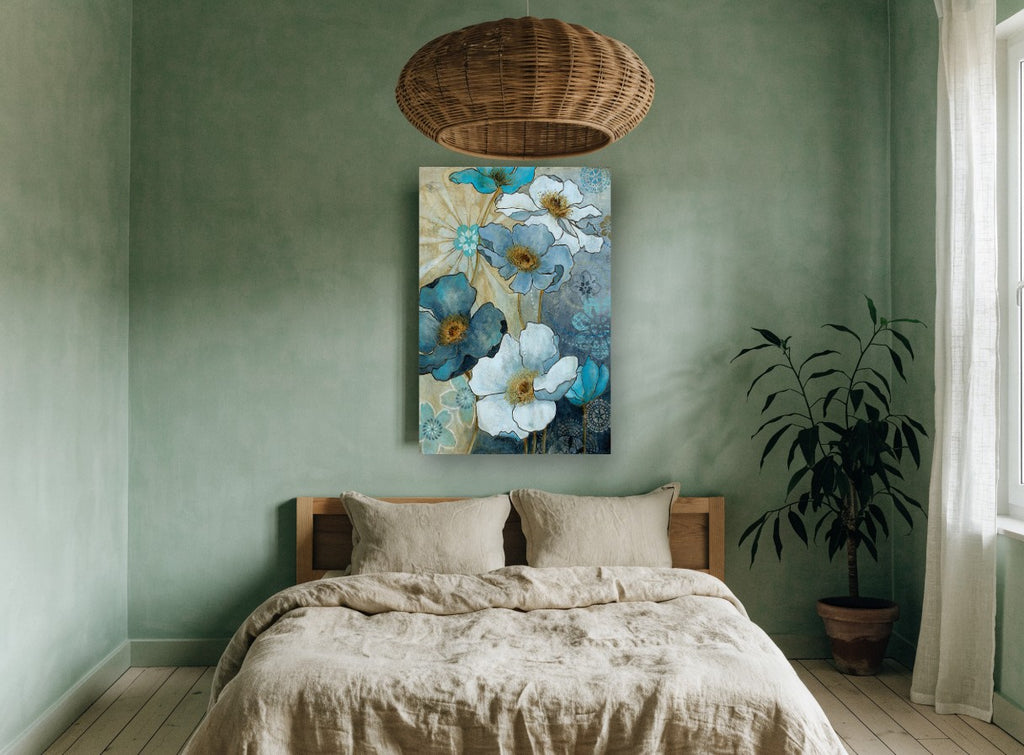 Midnight Poppy Garden floral canvas print on the wall of a bedroom