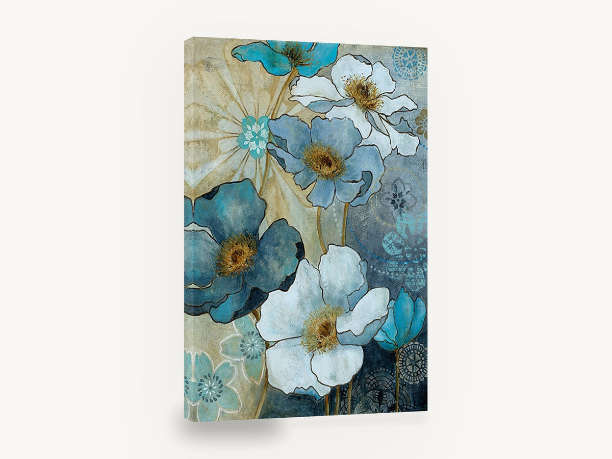 Midnight Poppy Garden, blue and white poppy floral painting, floral canvas wall art print ready to hang
