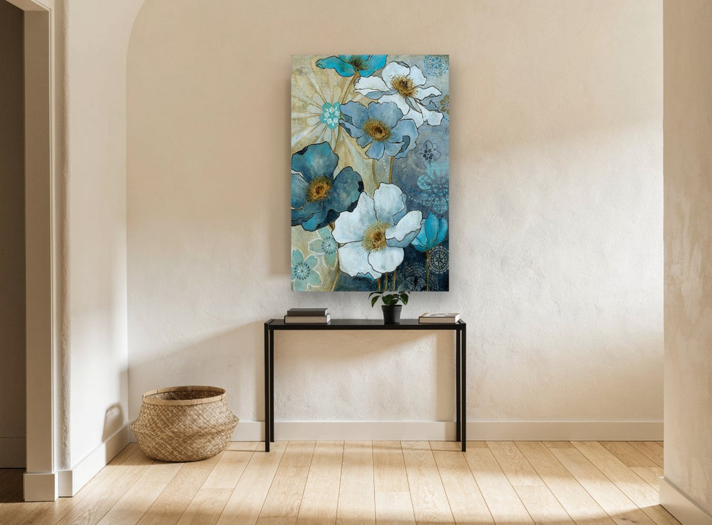 Midnight Poppy Garden floral canvas print on the wall of a hallway