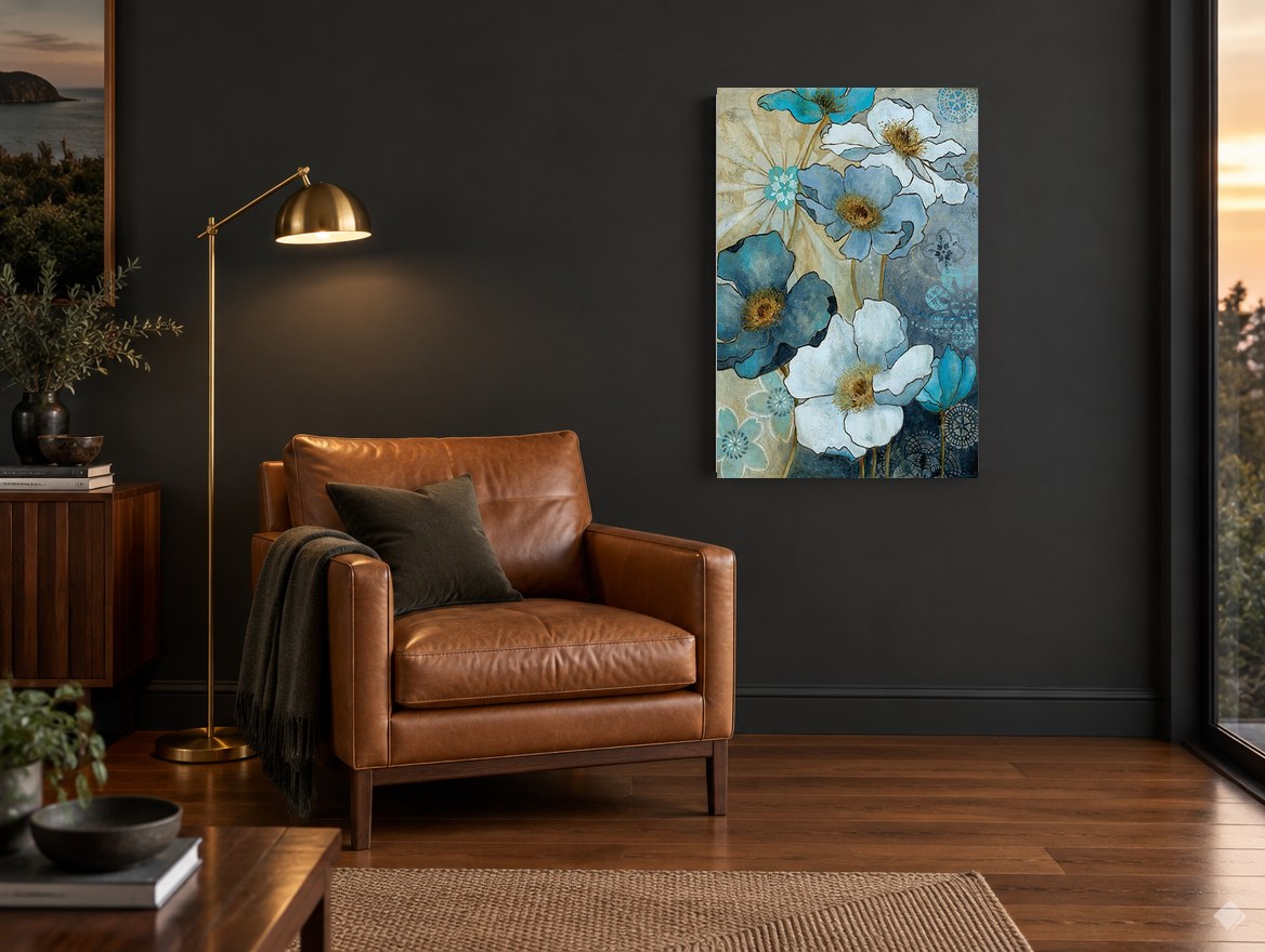 Midnight Poppy Garden floral canvas print on the wall of a charcoal living room