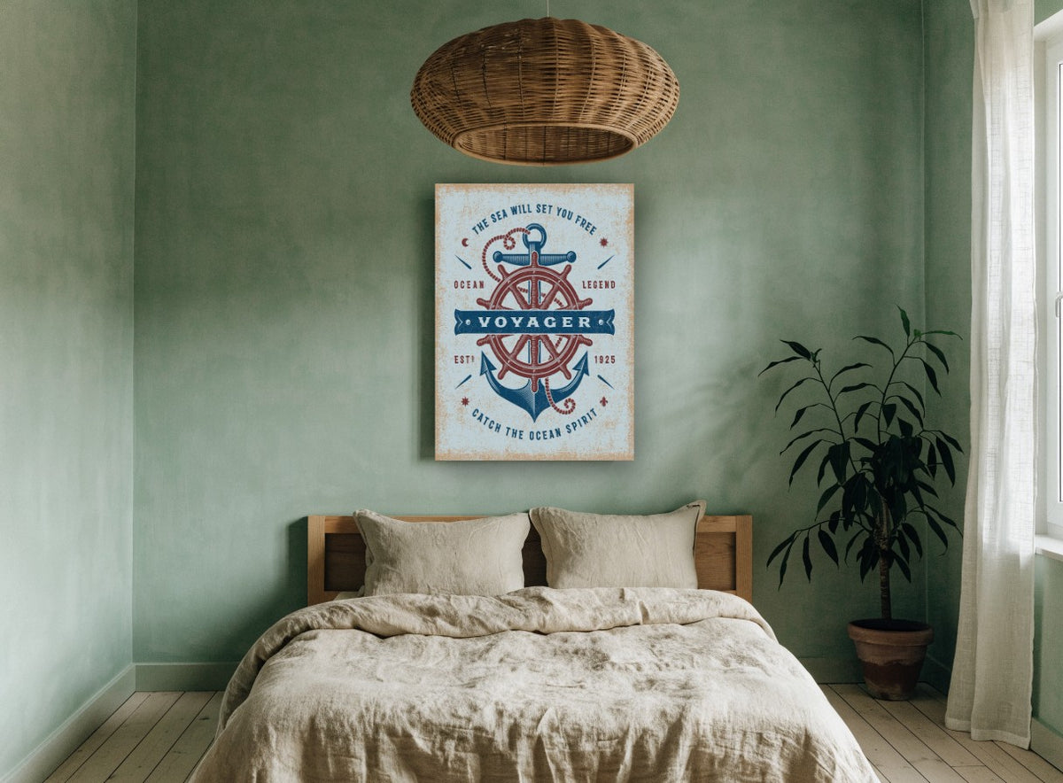 Voyager Anchor and Helm vintage canvas print on the wall of a bedroom