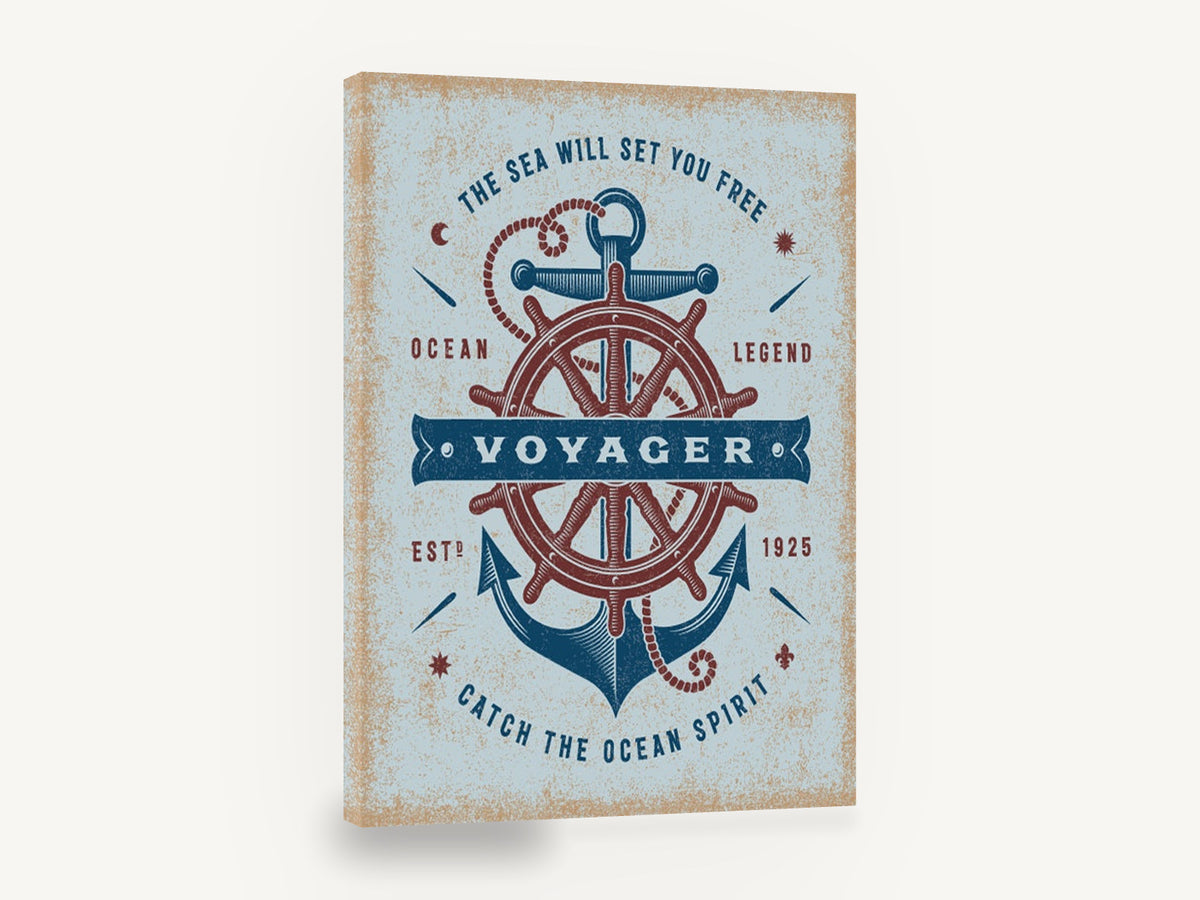 Voyager Anchor and Helm, vintage nautical anchor ship wheel sign, stretched canvas wall art print ready to hang