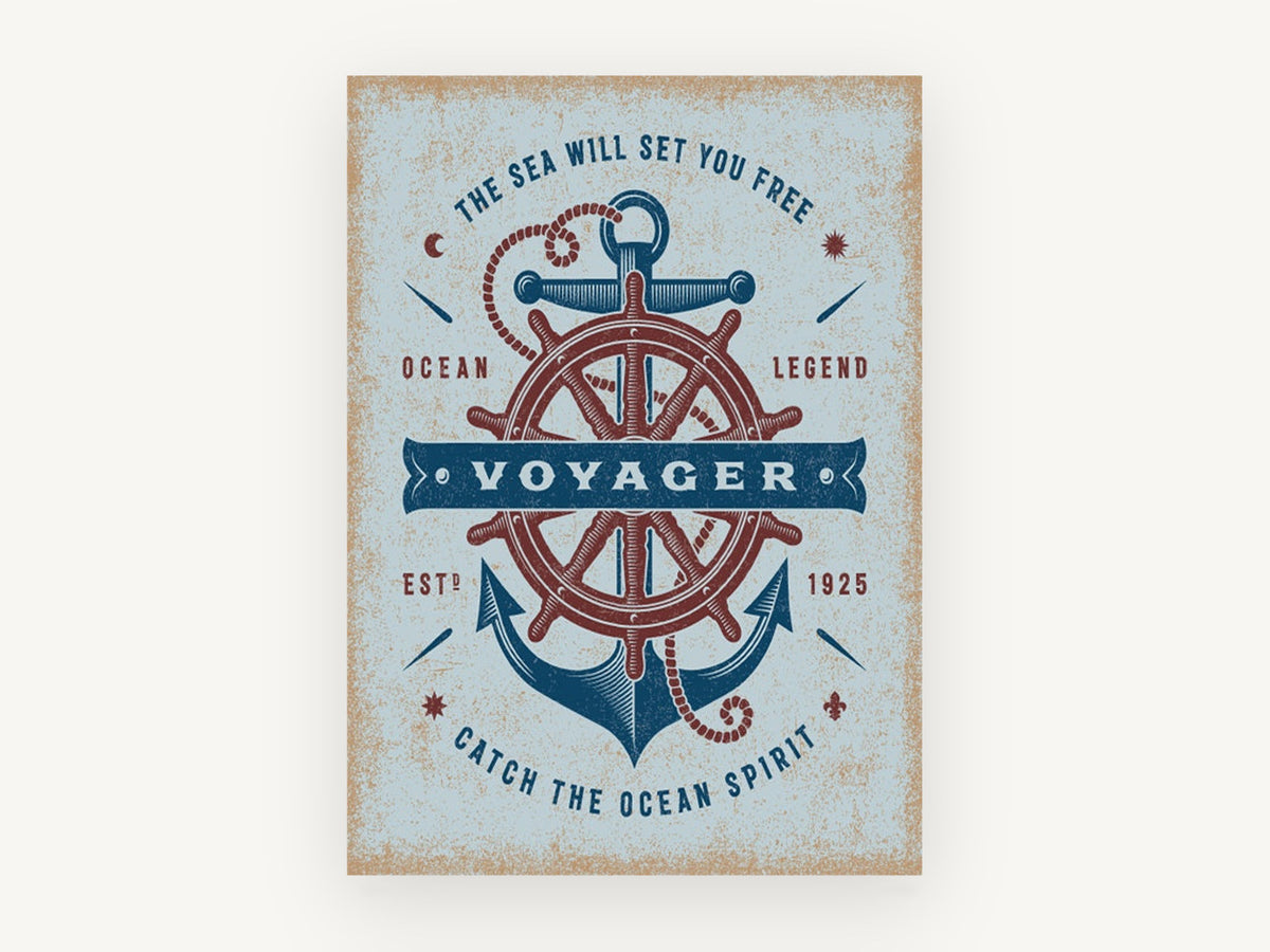 Voyager Anchor and Helm, vintage canvas wall art print, front view