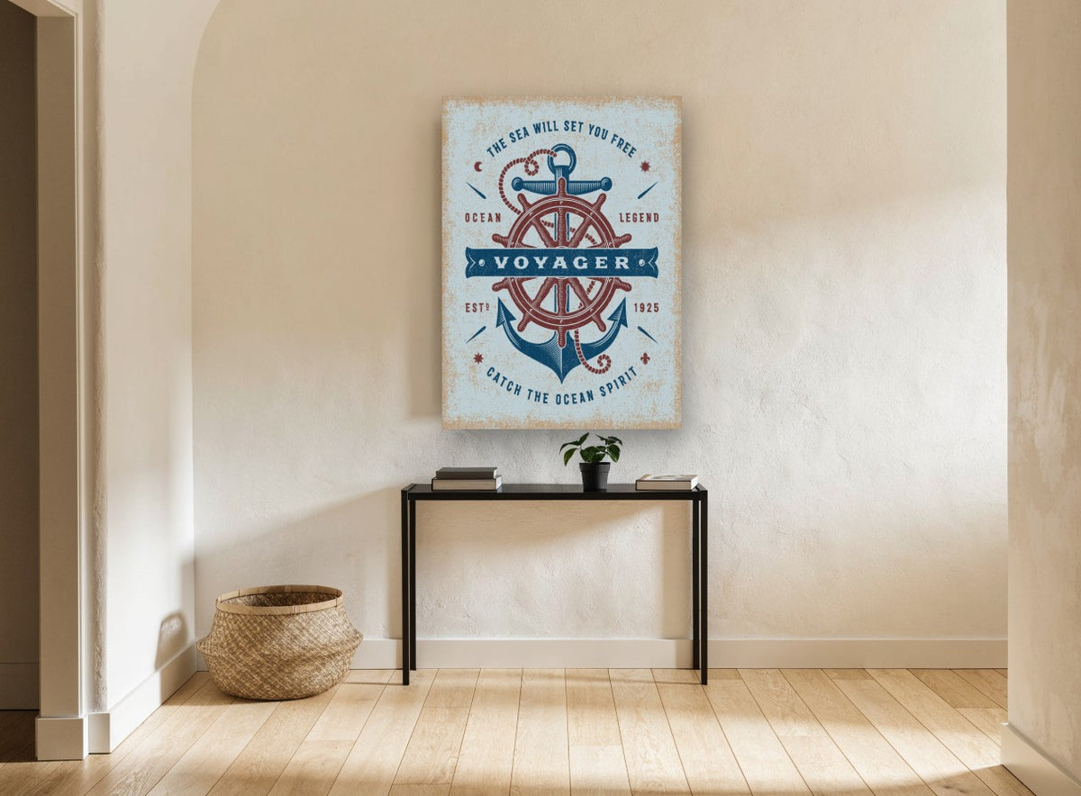 Voyager Anchor and Helm vintage canvas print on the wall of a hallway